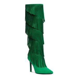 INC Womens Green Fringed Padded Shyn Pointed Toe Stiletto Zip-Up Boots 5.5 M